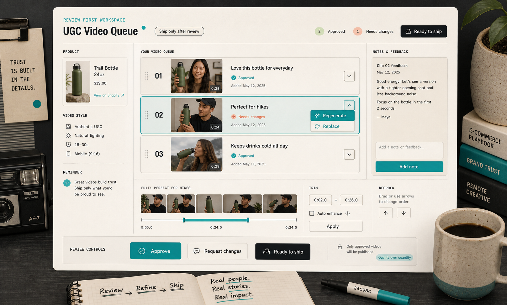 Review-first UGC video queue with regenerate and ship controls
