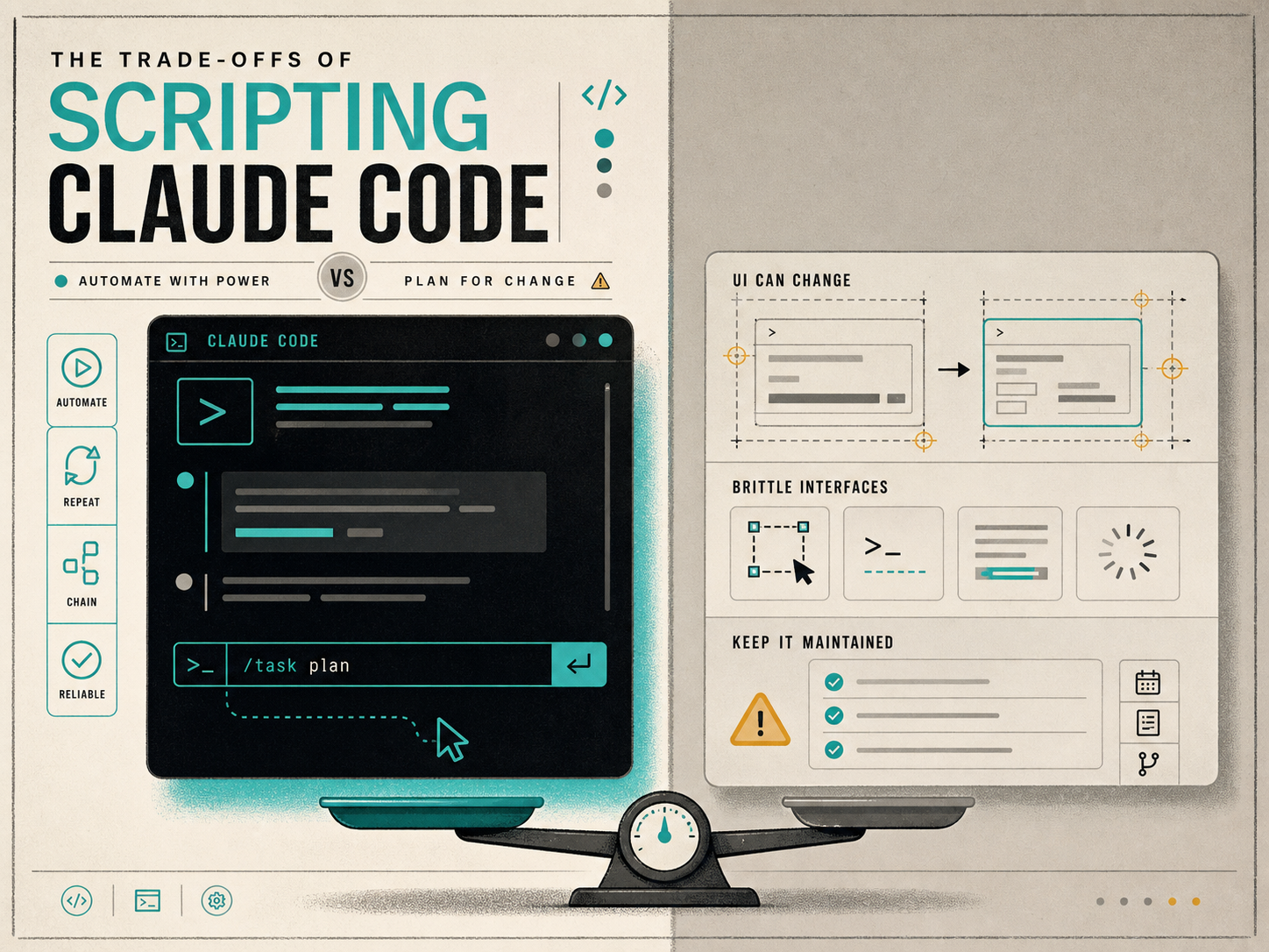 Trade-off illustration showing the maintenance cost of scripting the real Claude Code UI