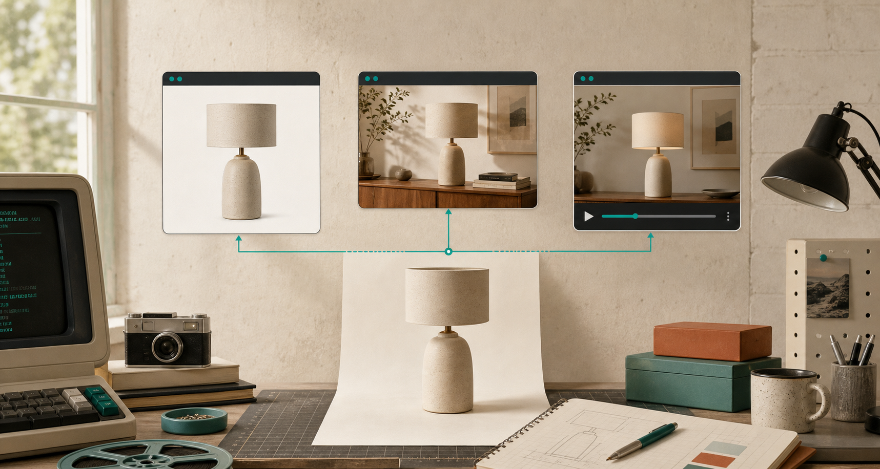Editorial desk scene showing one product photo branching into cleanup, context, and motion outputs