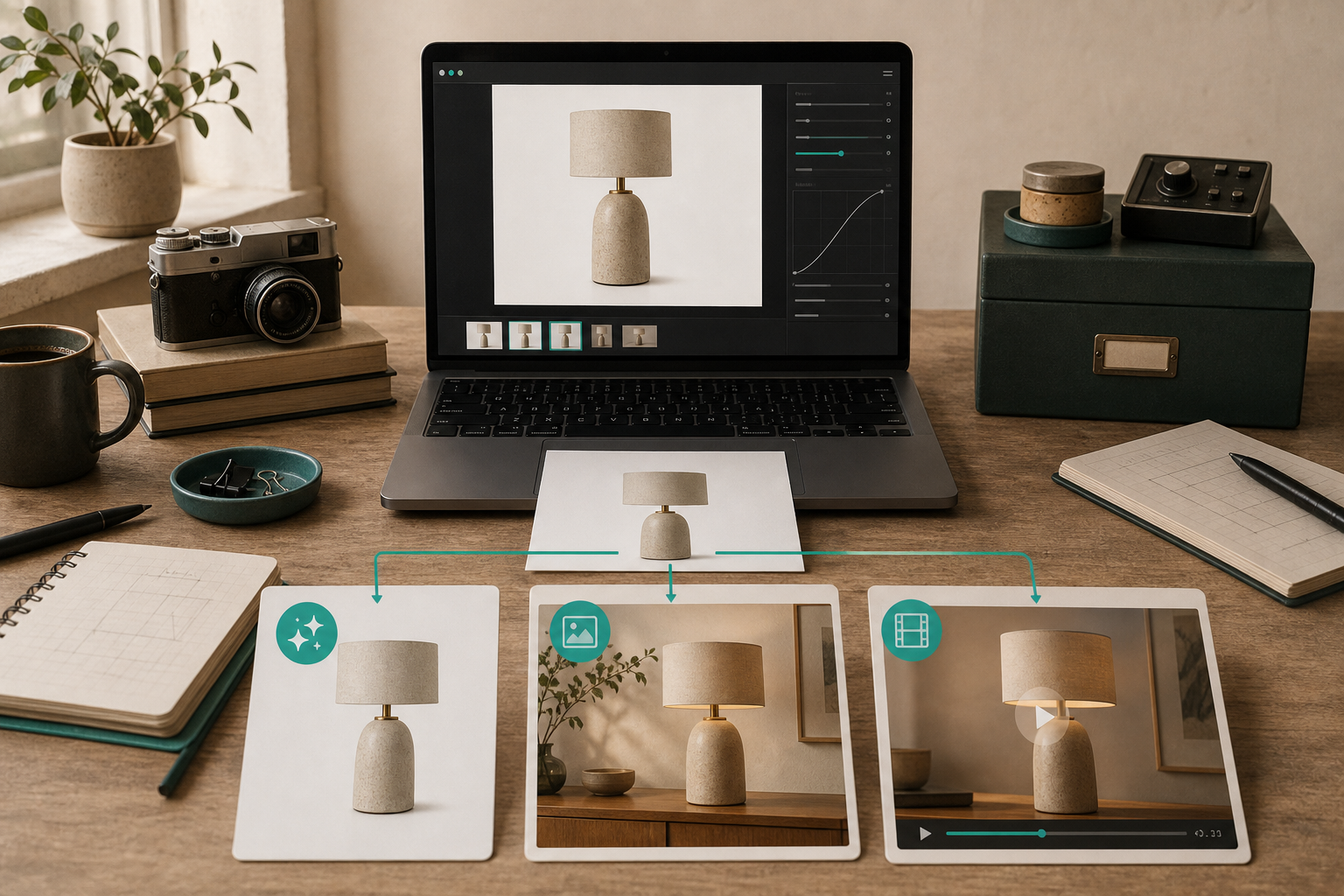 Tidy desk with one product photo and three workflow cards for cleanup, context, and motion