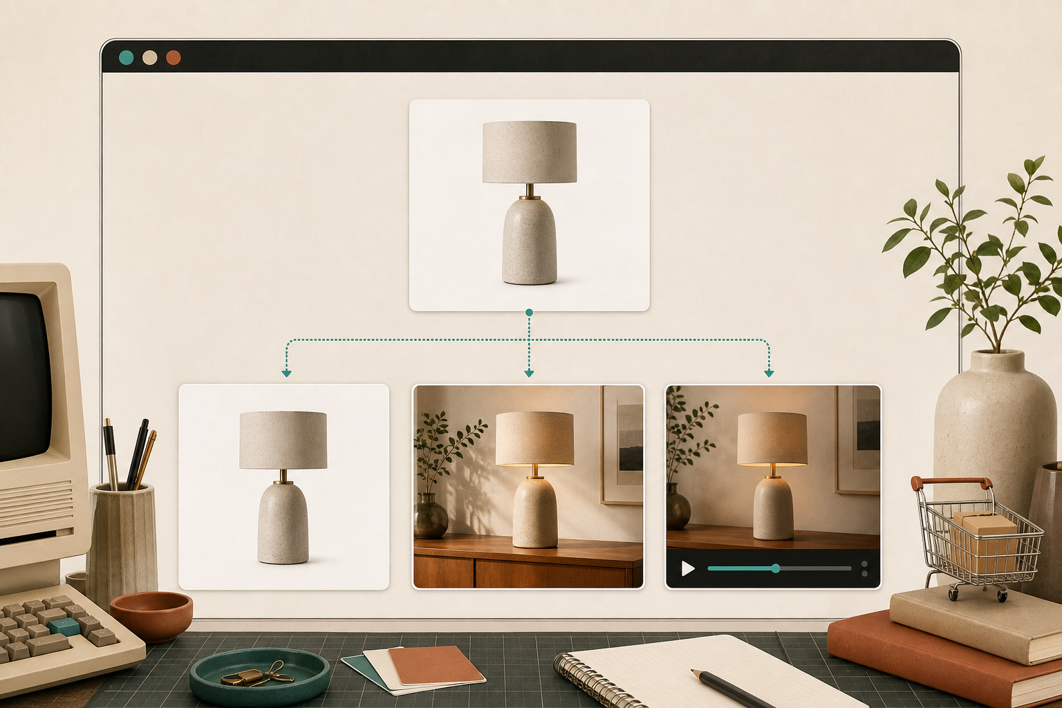 Product-photo decision tree with one source image branching into catalog, lifestyle, and video outputs