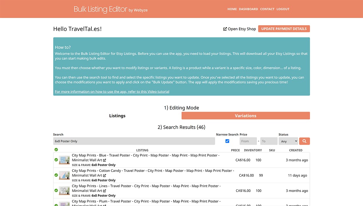 Bulk Listing Editor dashboard