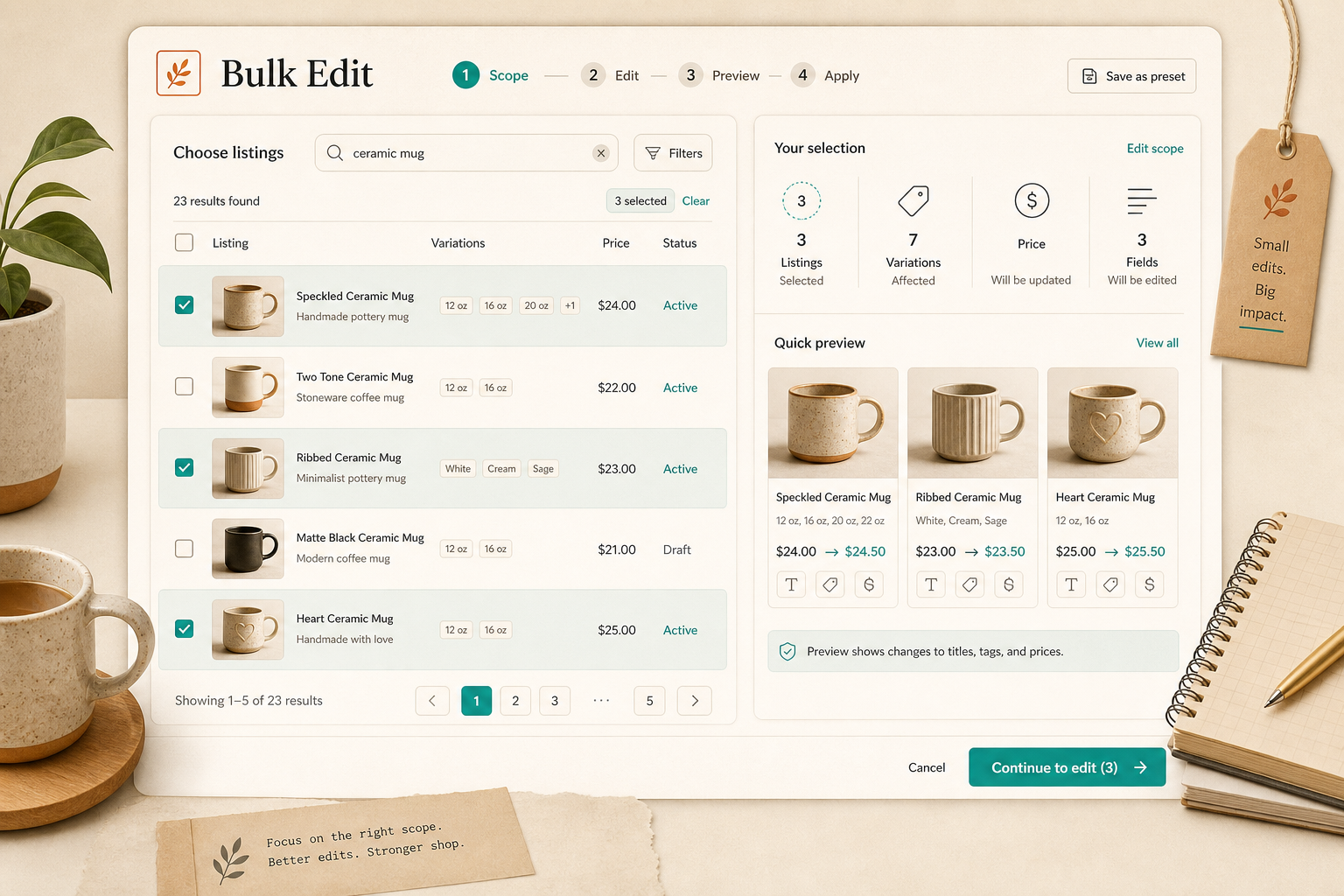 Etsy batch selection screen
