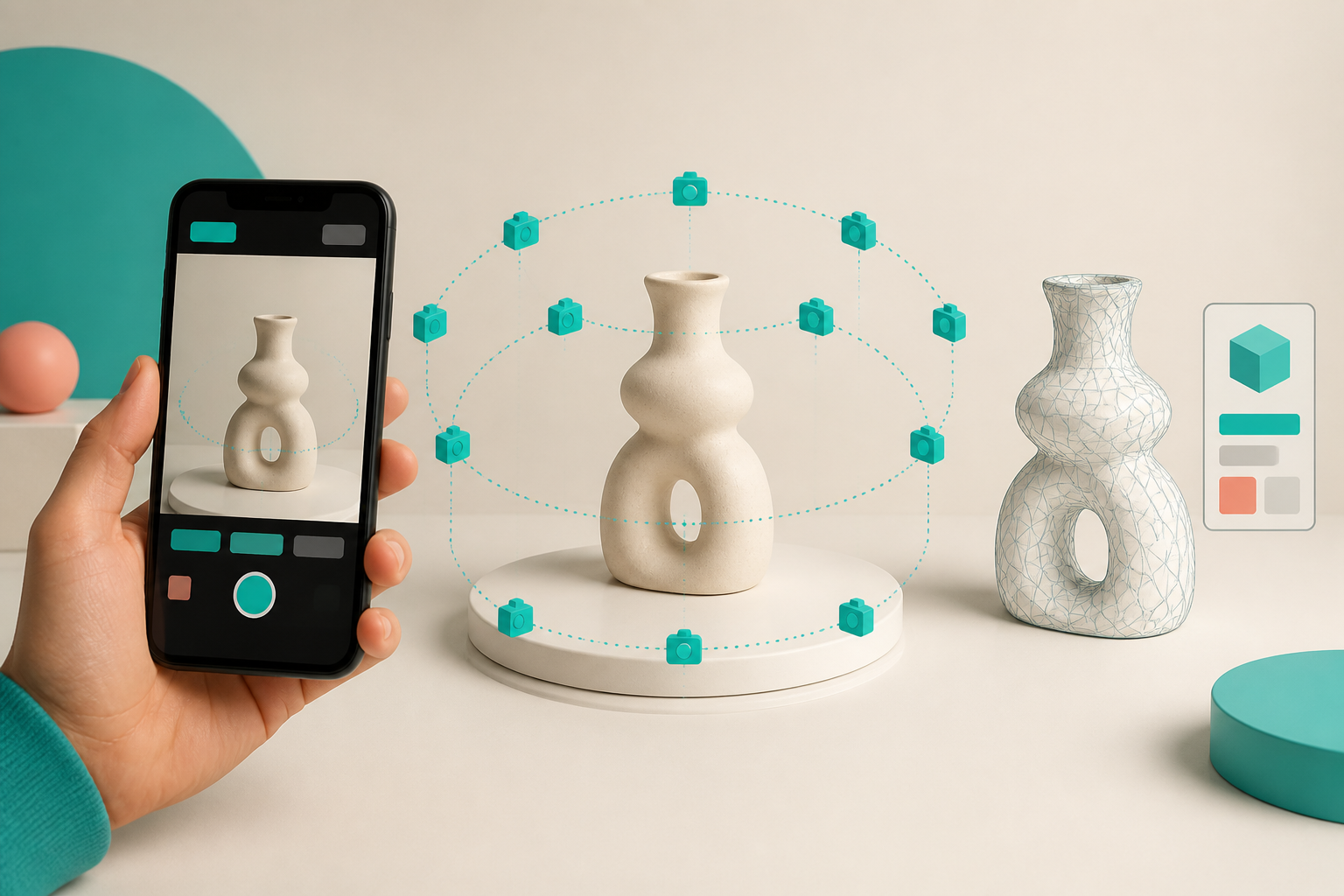 A guided phone-photo orbit around a product resolving into a 3D mesh