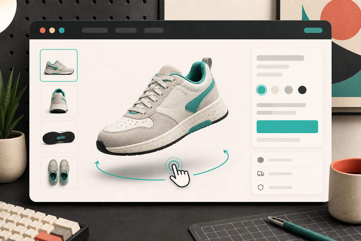 A Shopify-style product page with a rotatable 3D sneaker viewer