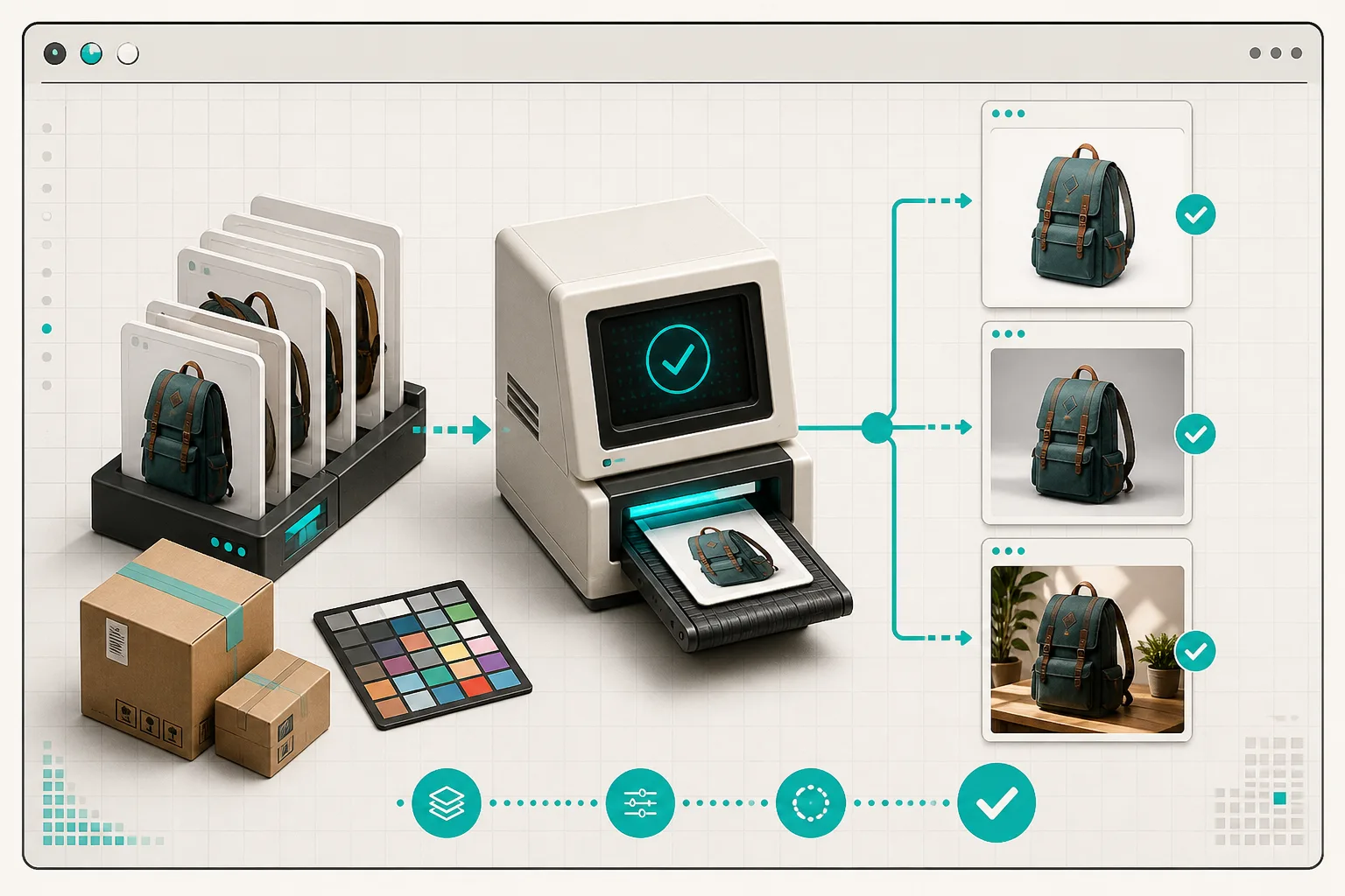 Product photo cards moving through a retro ecommerce catalog workflow