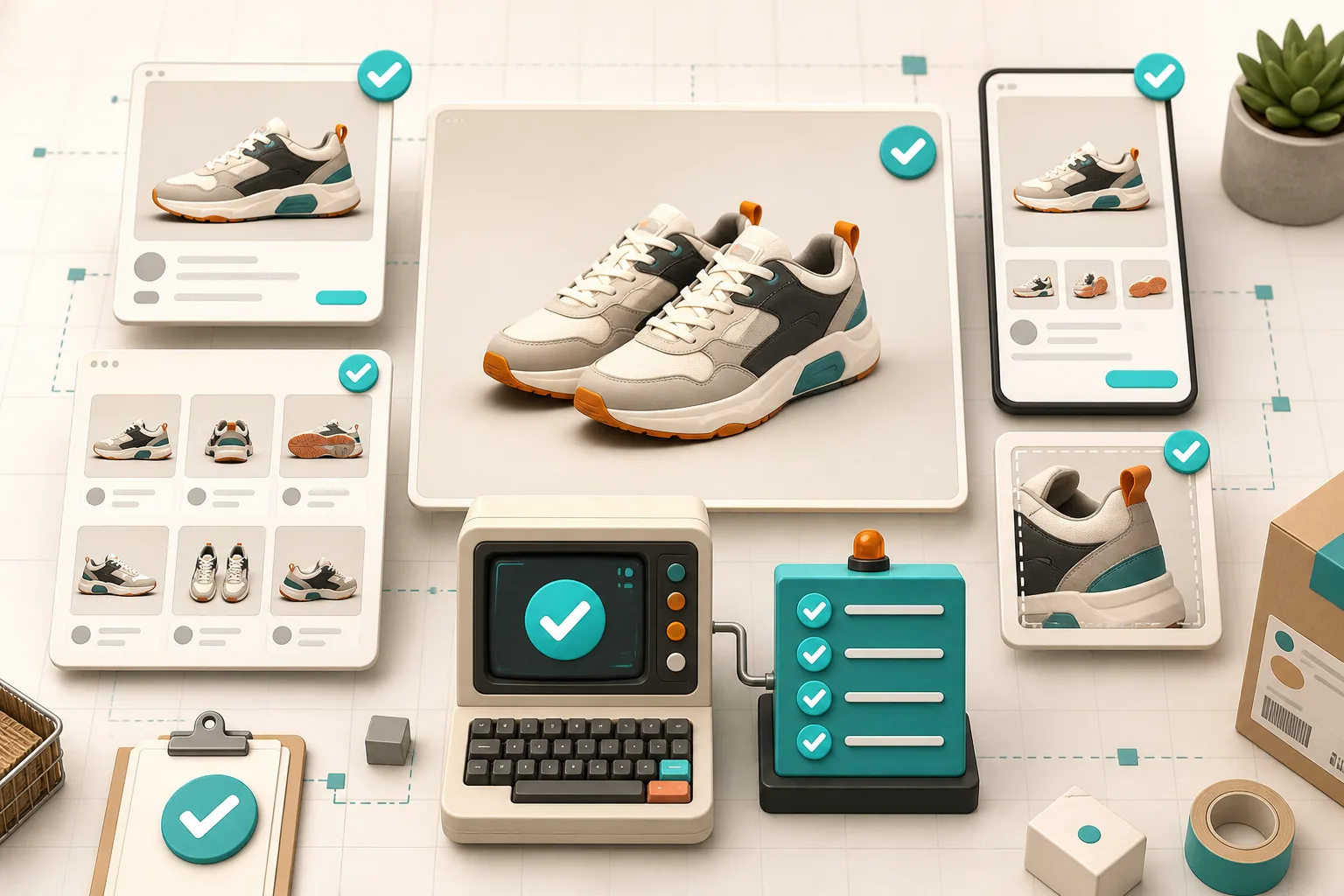 Shopify product media QA board across product, collection, mobile, and crop views