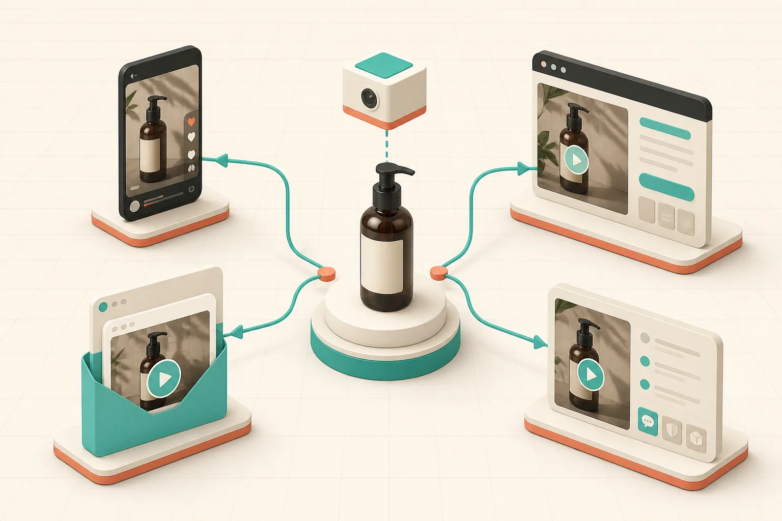 A product video routed to social, product page, email, and help content