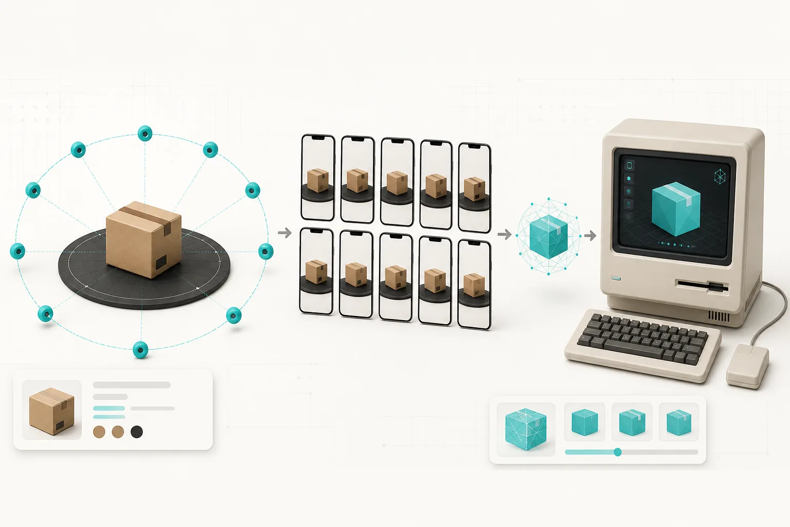 Ten guided phone photos flow from a physical product to a 3D model on a computer