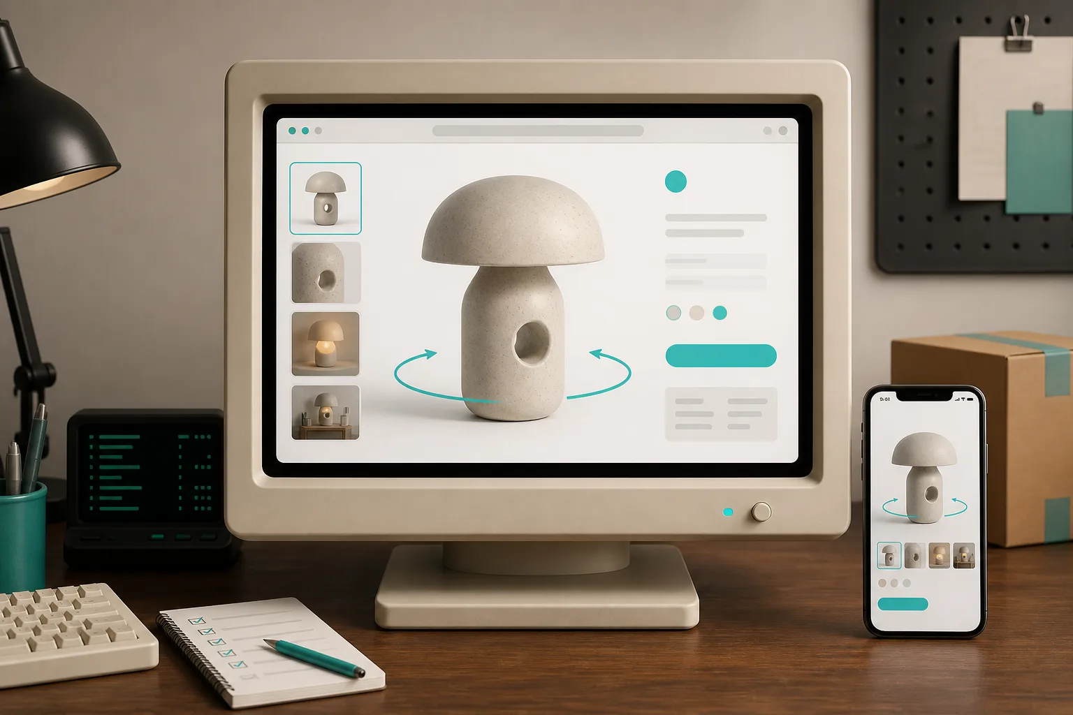 A retro desktop and phone preview show an interactive 3D product view being checked
