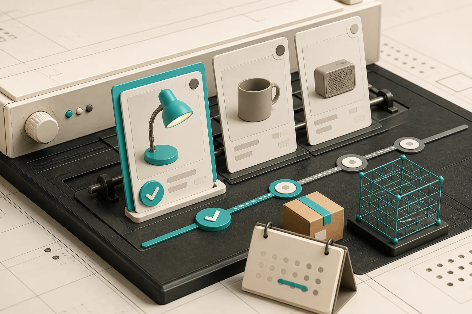A compact ecommerce rollout board shows one verified 3D SKU before a small release queue