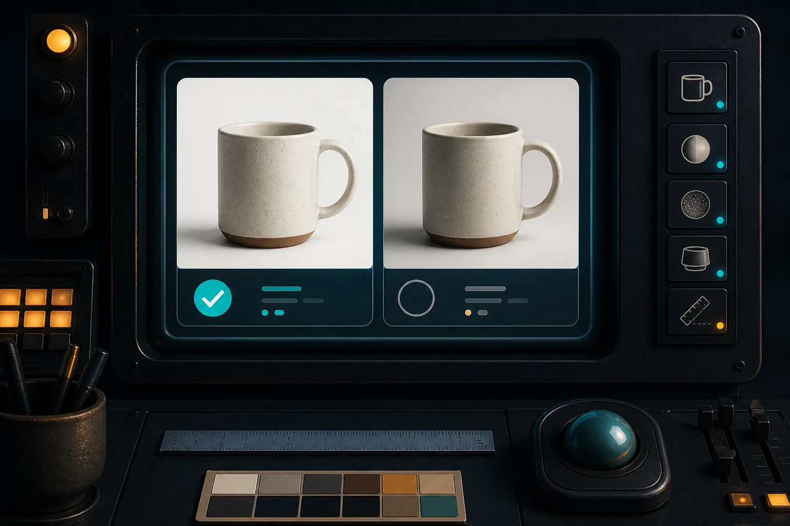 A retro control room showing approved and held product images