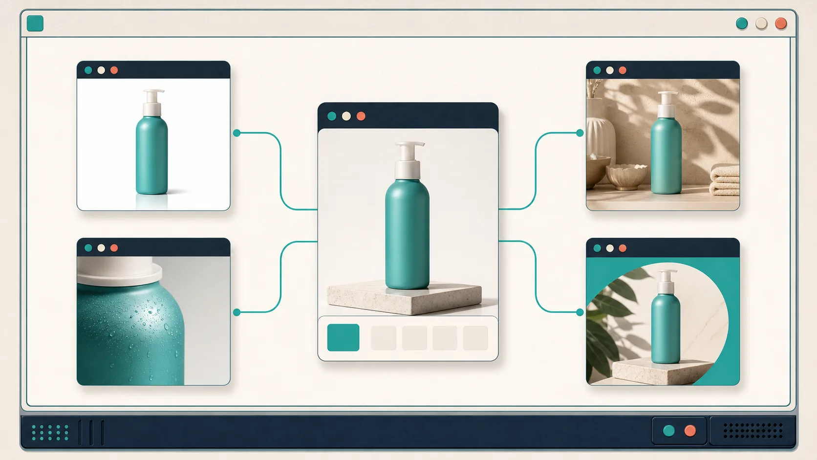 One approved product image branching into a small reusable media kit