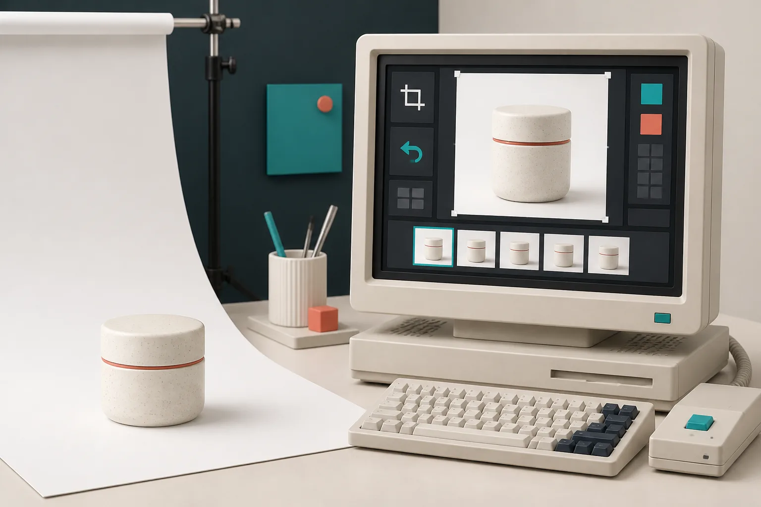 A product source image reviewed in a retro technical editor workspace