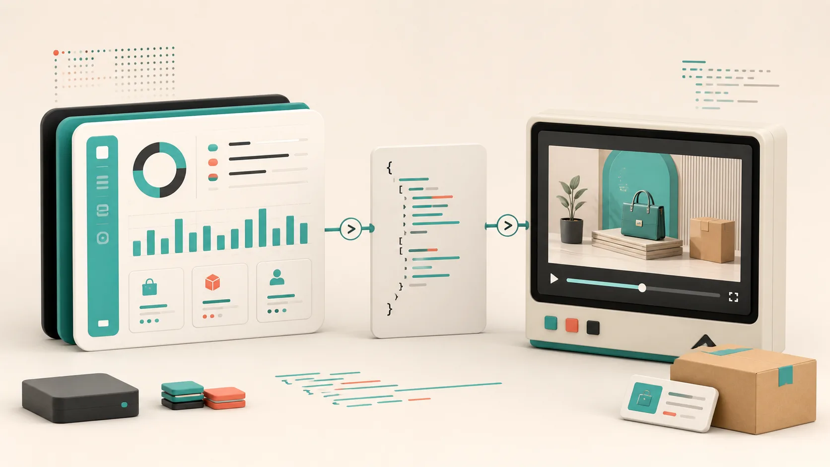 Customer metrics moving through a VideoJSON workflow into a rendered recap video