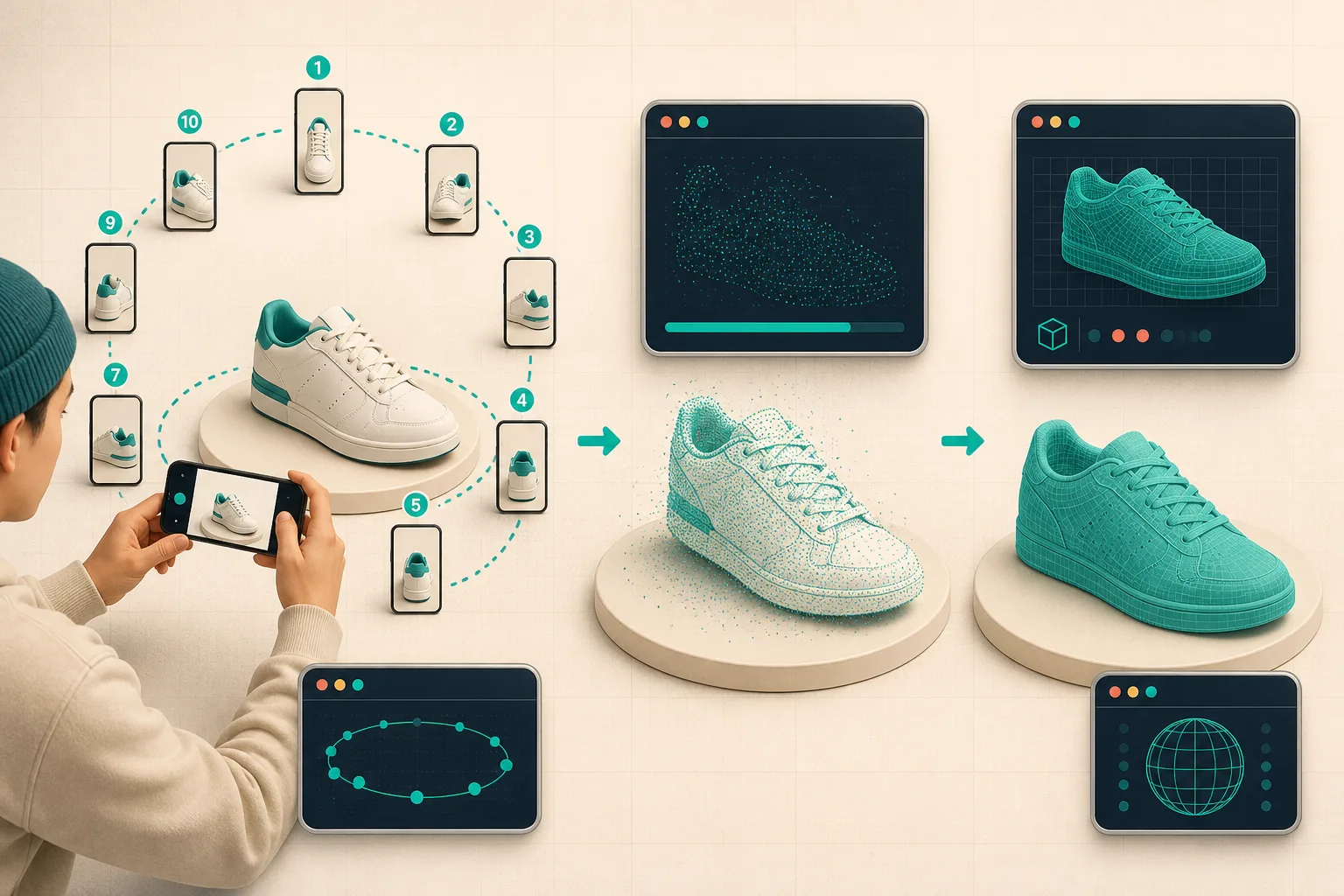 Guided phone-photo capture transforming a sneaker into a 3D model