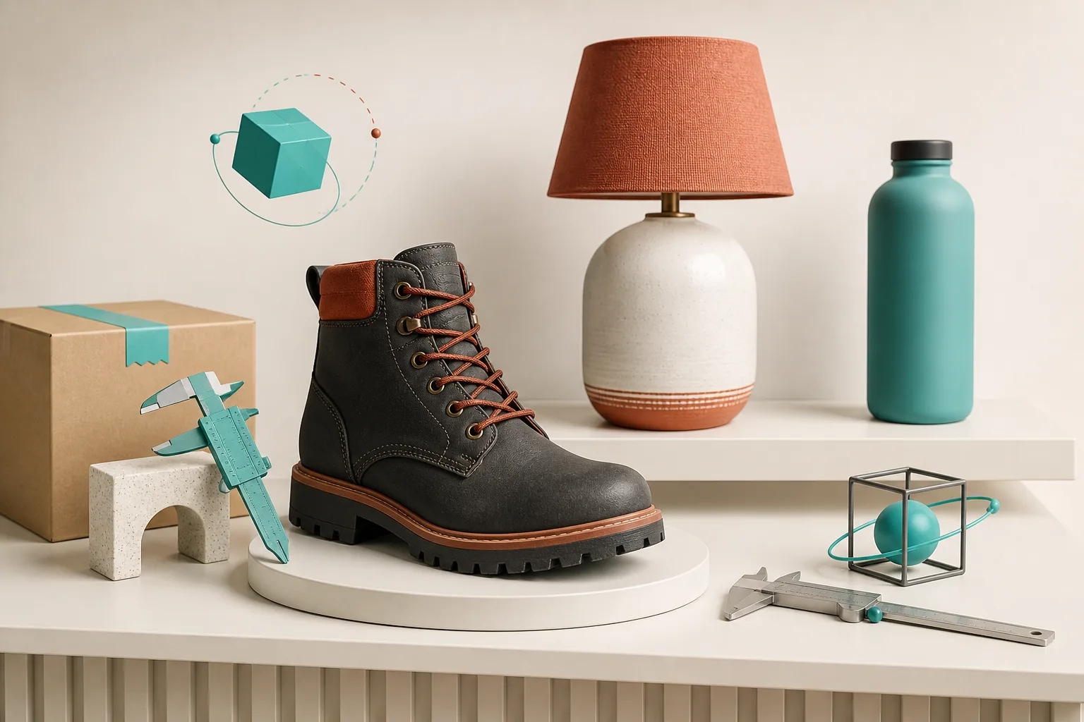 A boot, lamp, and bottle arranged as candidates for a Shopify 3D pilot