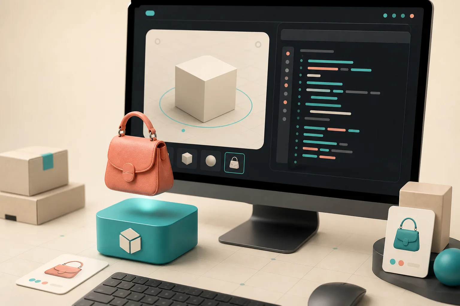 A Shopify-style product media publishing workstation with a 3D product concept