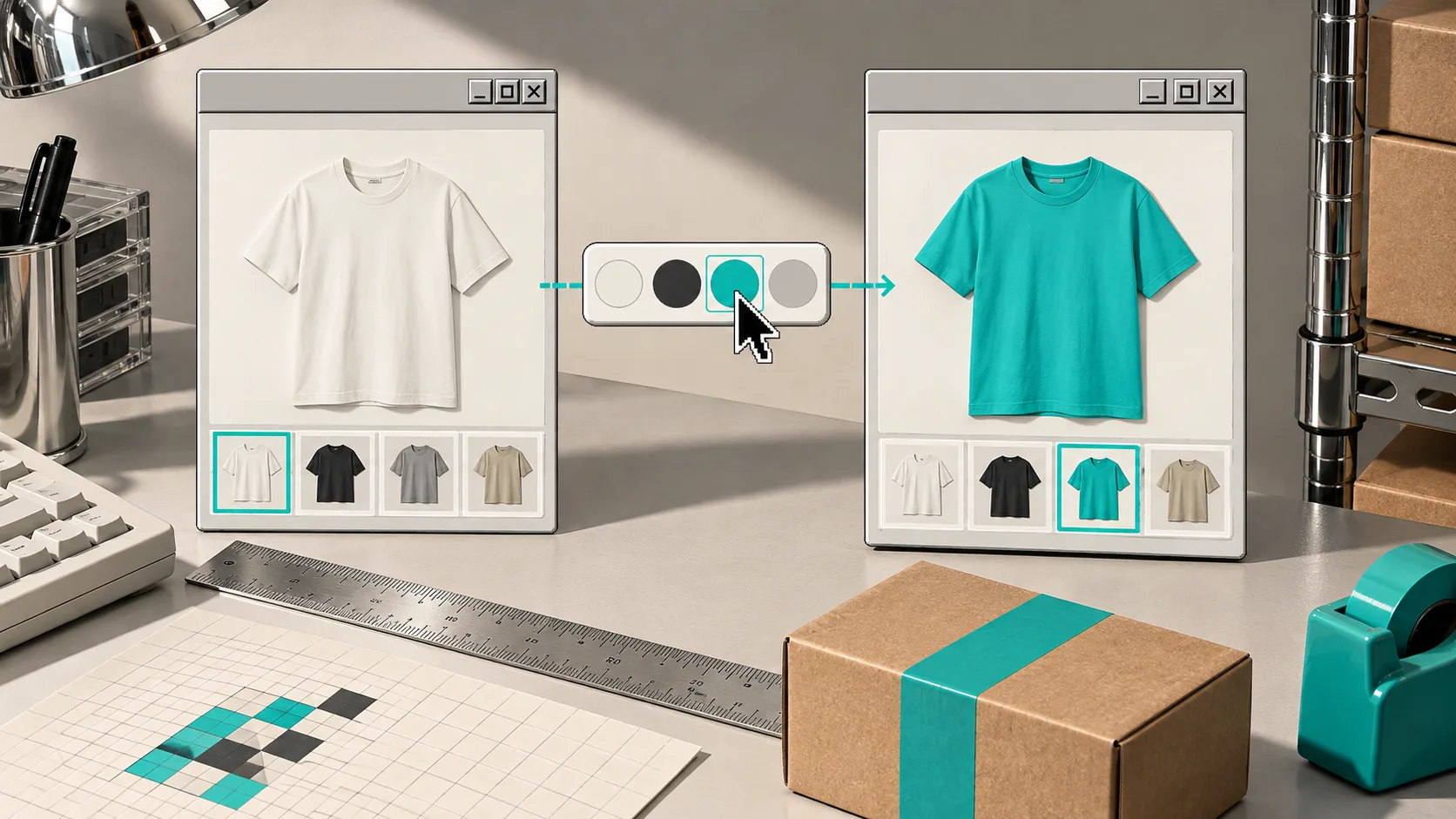 Linked product cards controlled by a color swatch