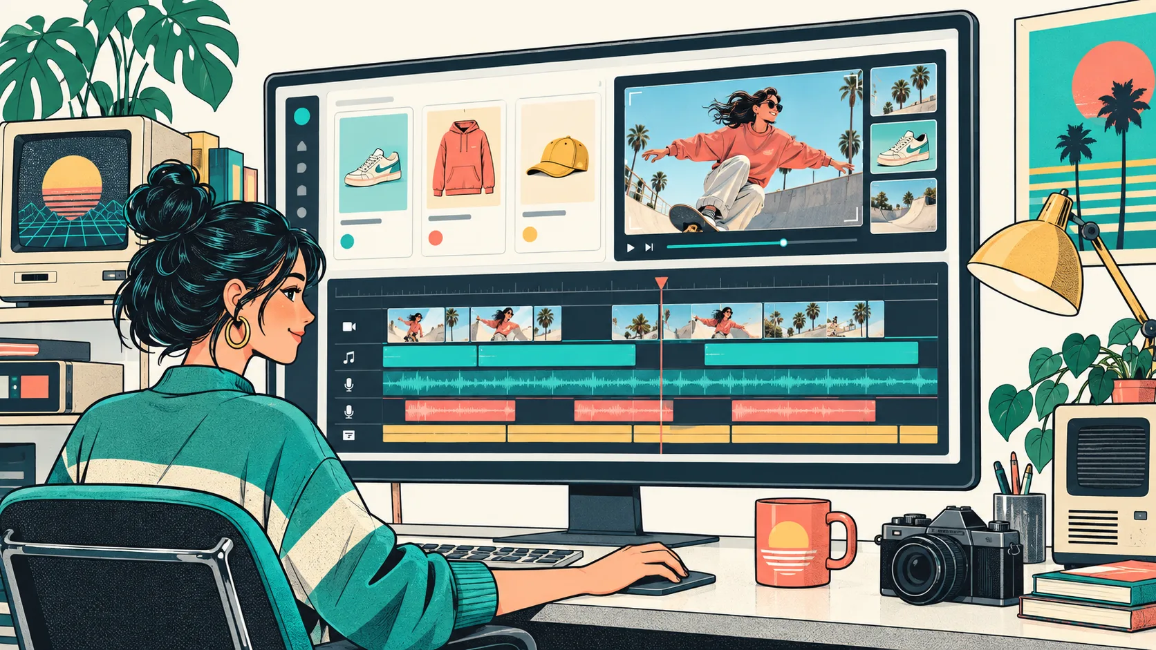Retro illustration of an embedded SaaS video editor and product cards