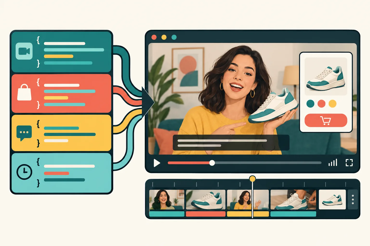 Retro illustration of structured video data flowing into a live preview