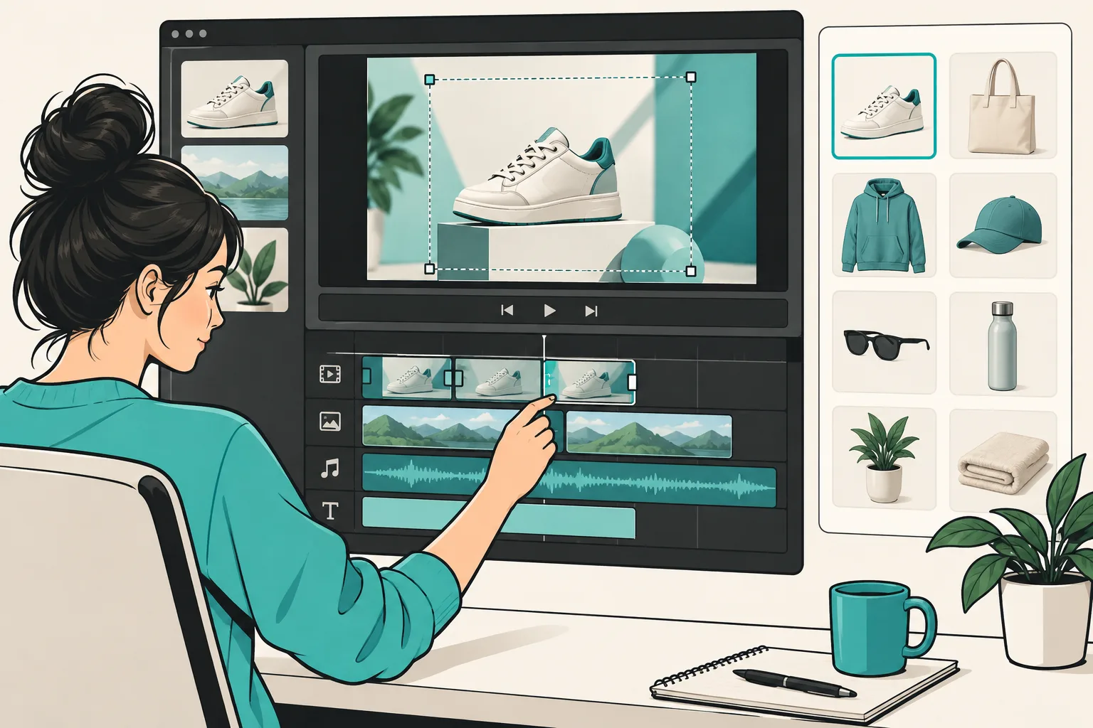 Retro illustration of a customer editing a constrained video template