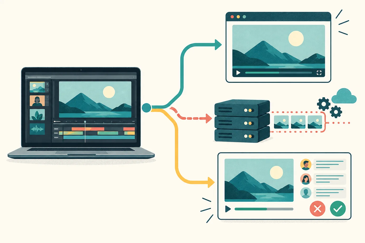 Retro illustration of a portable video project branching to browser, queue, and review destinations