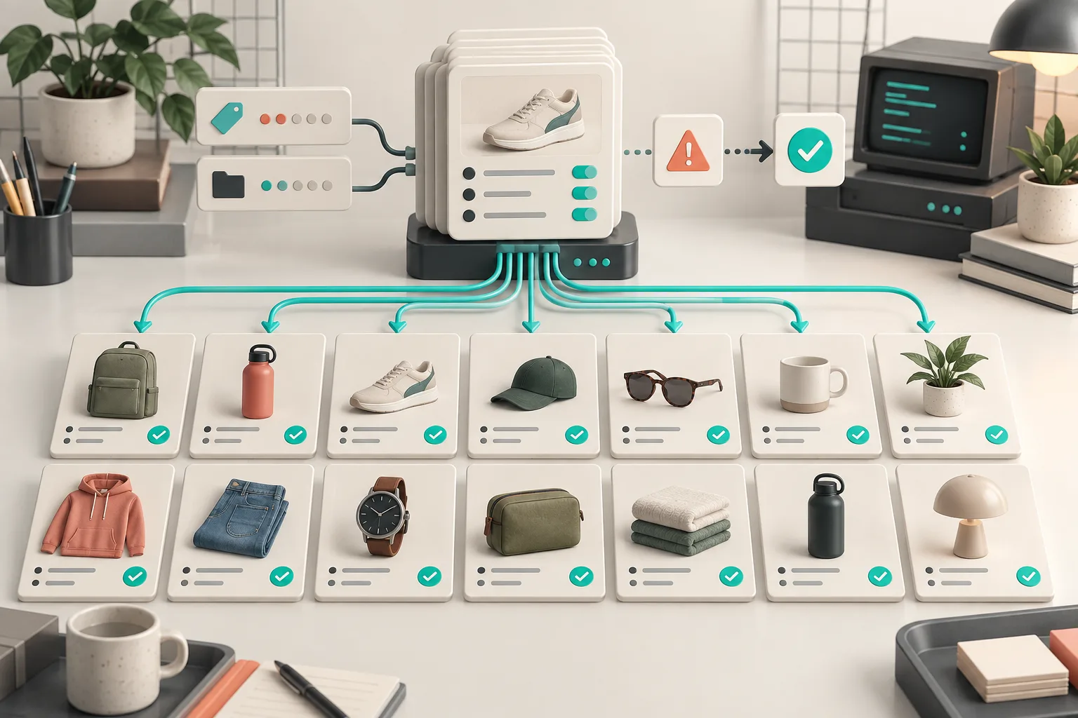 One reusable Shopify content rule flowing across a product catalog