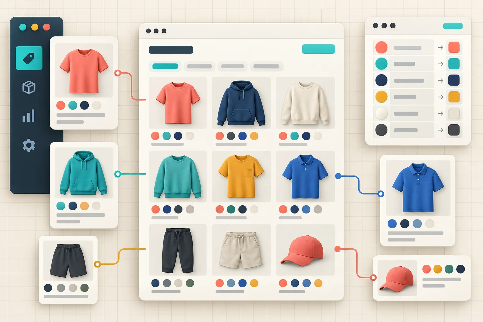 Product family grid organized around color swatch tokens
