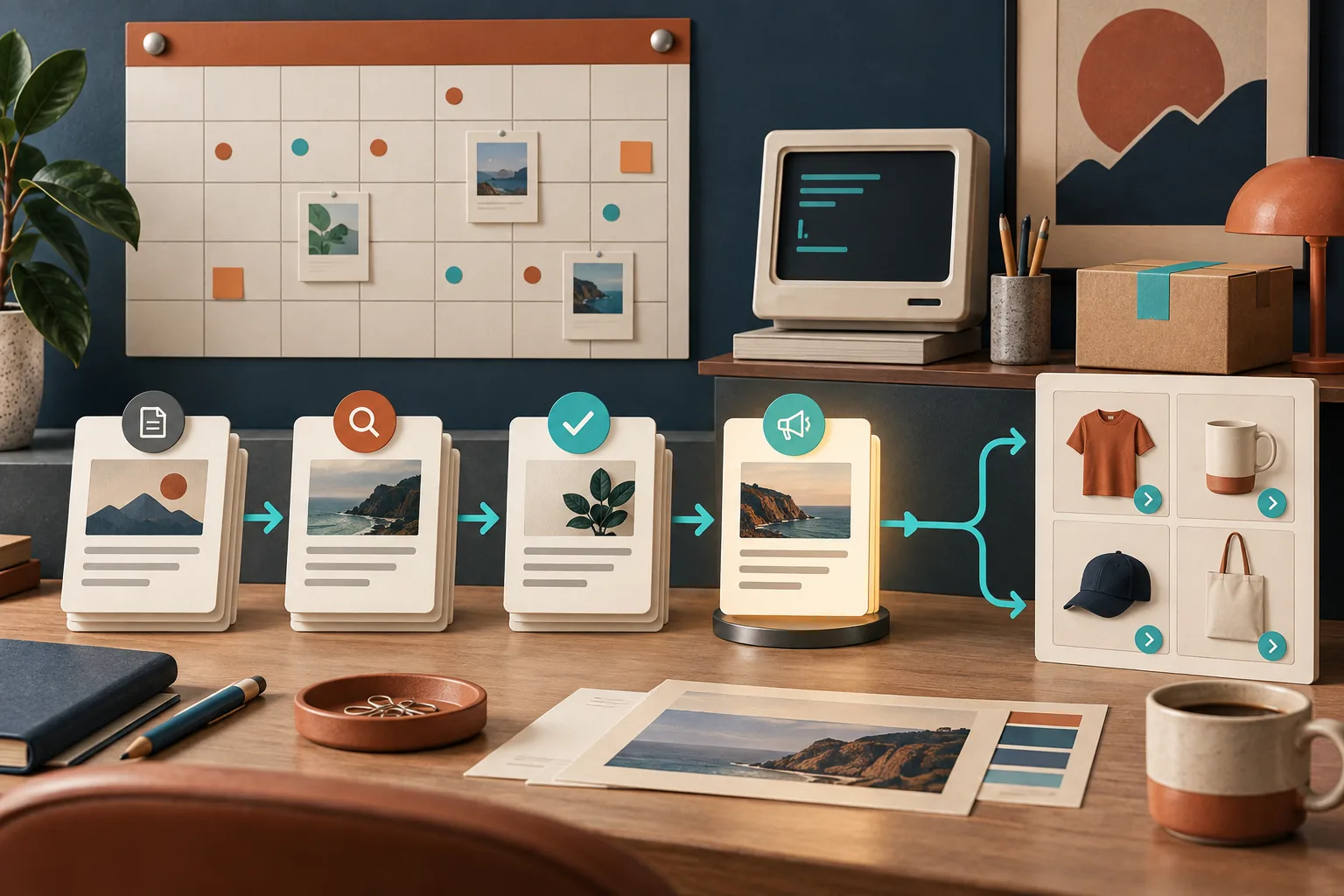 Recurring ecommerce content calendar moving through draft review and publish