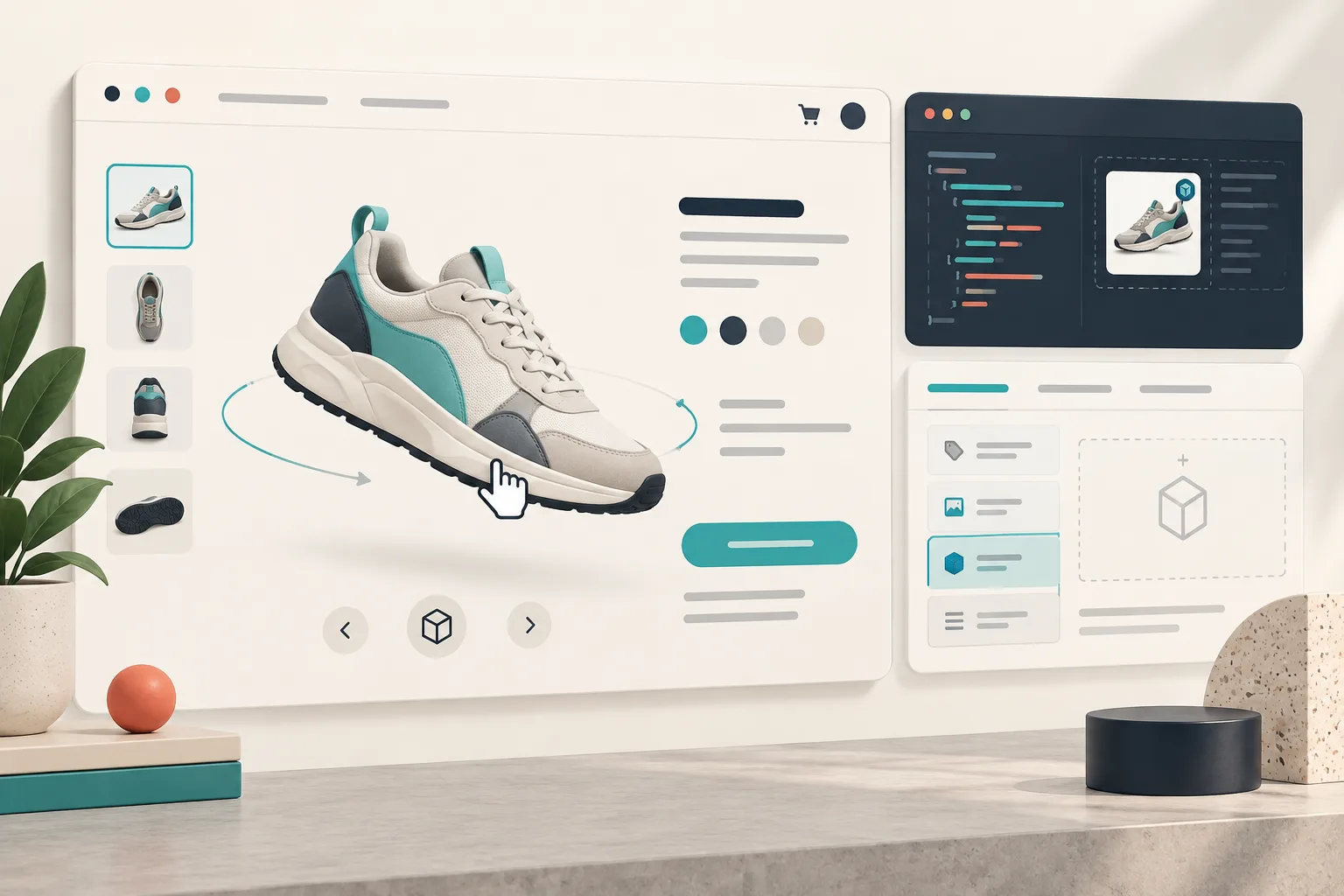 A clean ecommerce product page with an interactive 3D model
