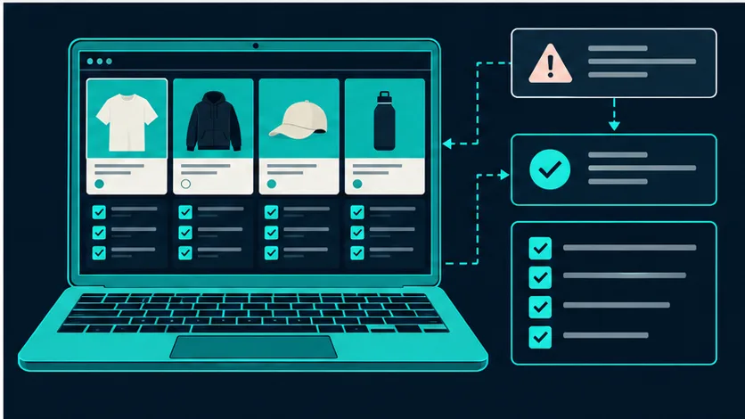 Final catalog rollout checklist on a retro ecommerce laptop