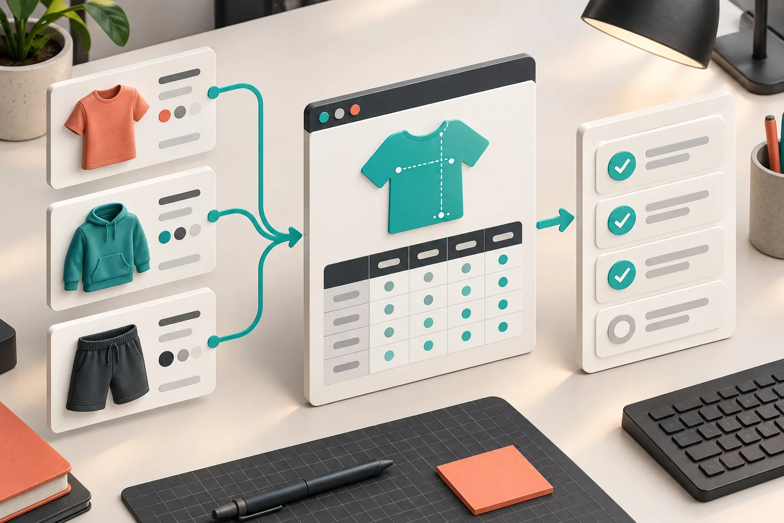 Workflow showing product cards flowing through a size chart test rule