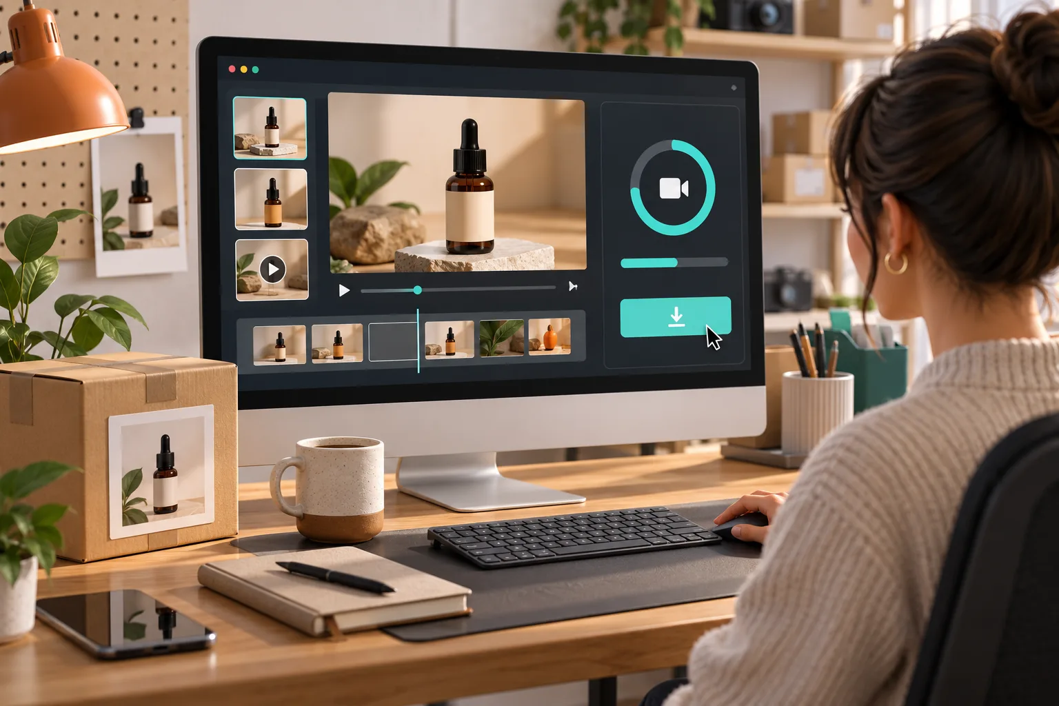 A browser exports a compact ecommerce product video locally
