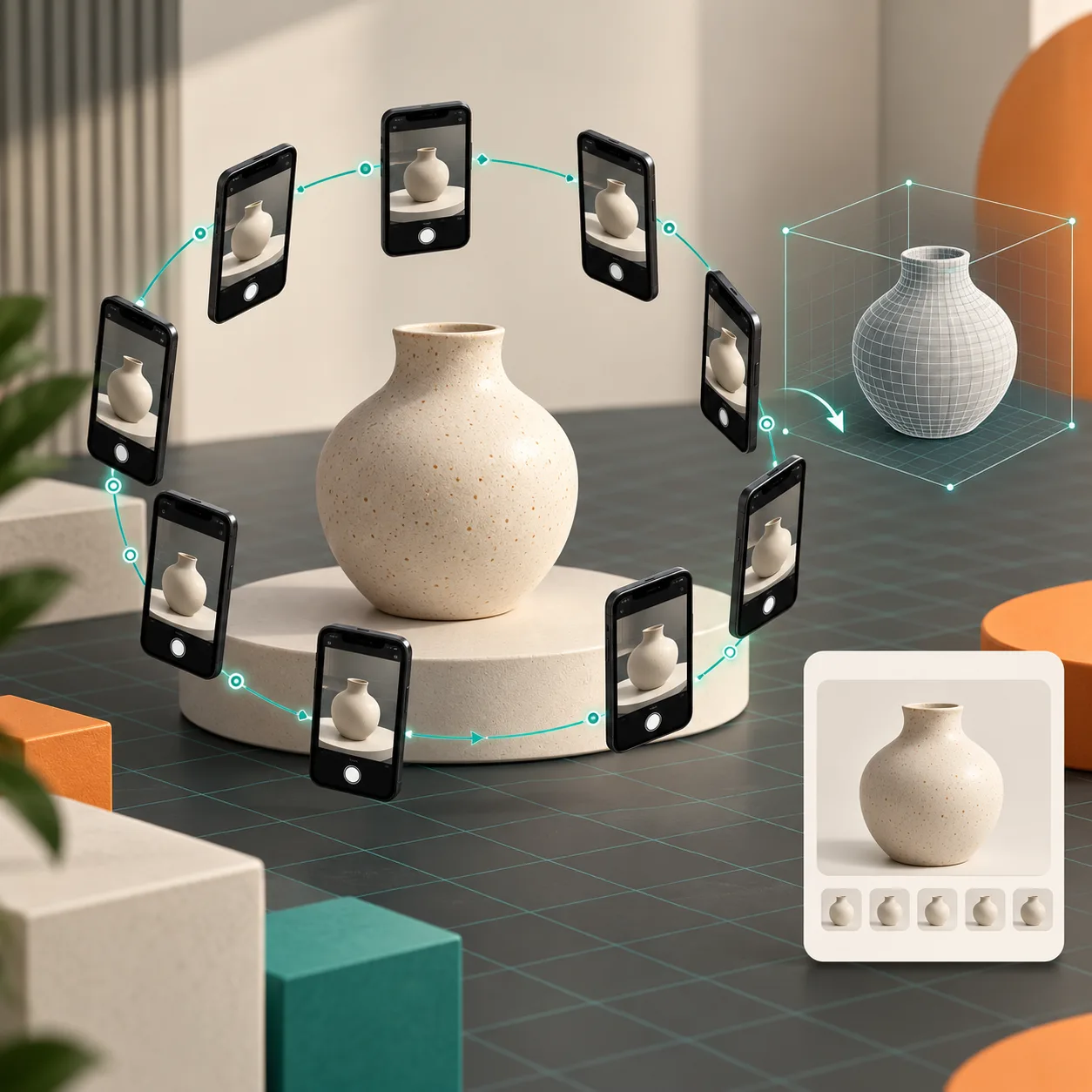 A phone photo orbit reconstructing a product into a 3D model