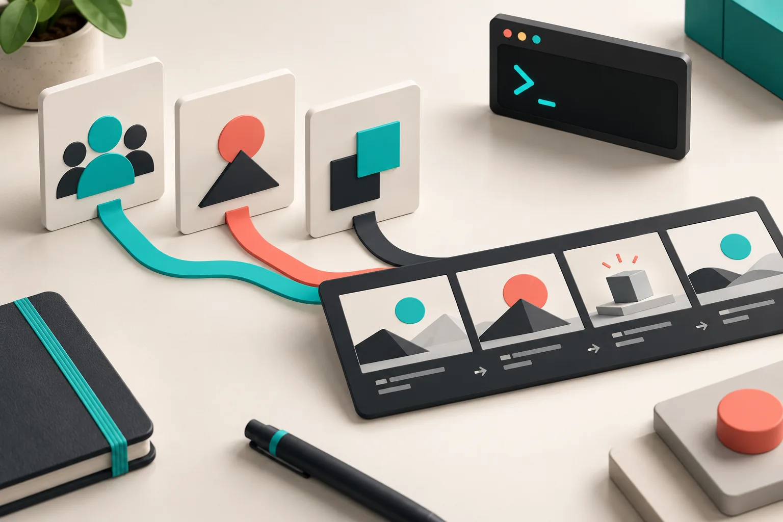 Product brief cards resolving into a launch-video storyboard