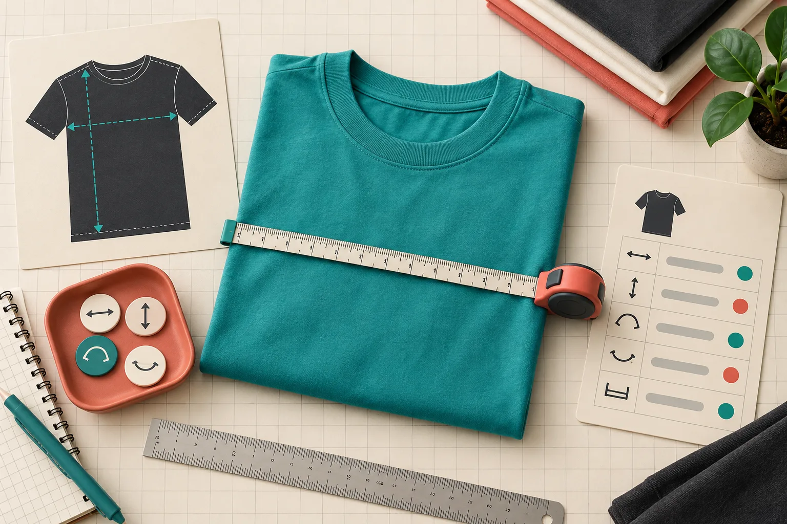 A garment measurement workflow with a folded teal shirt and size guide card