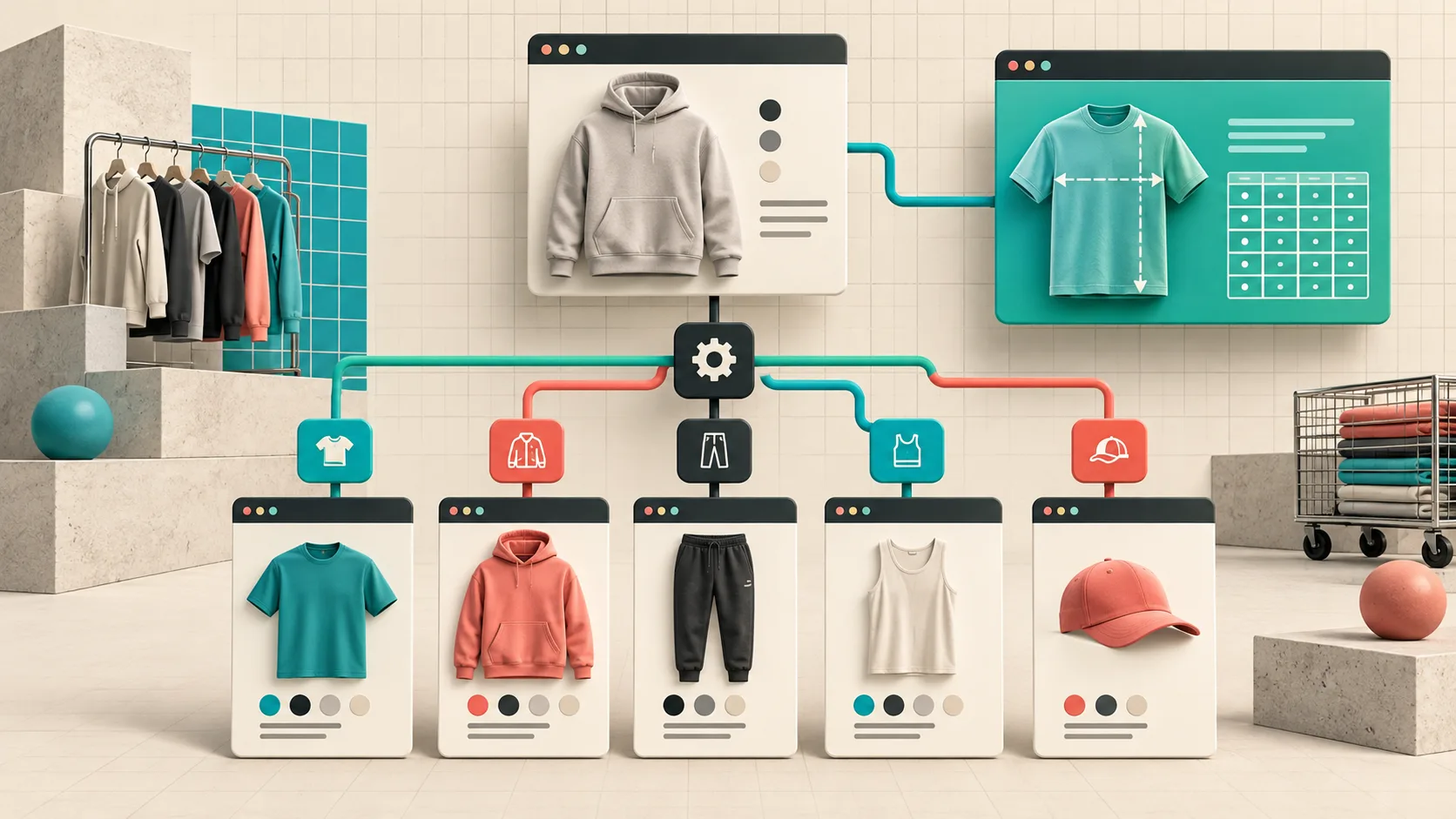 One size-chart source routed across a catalog of apparel products