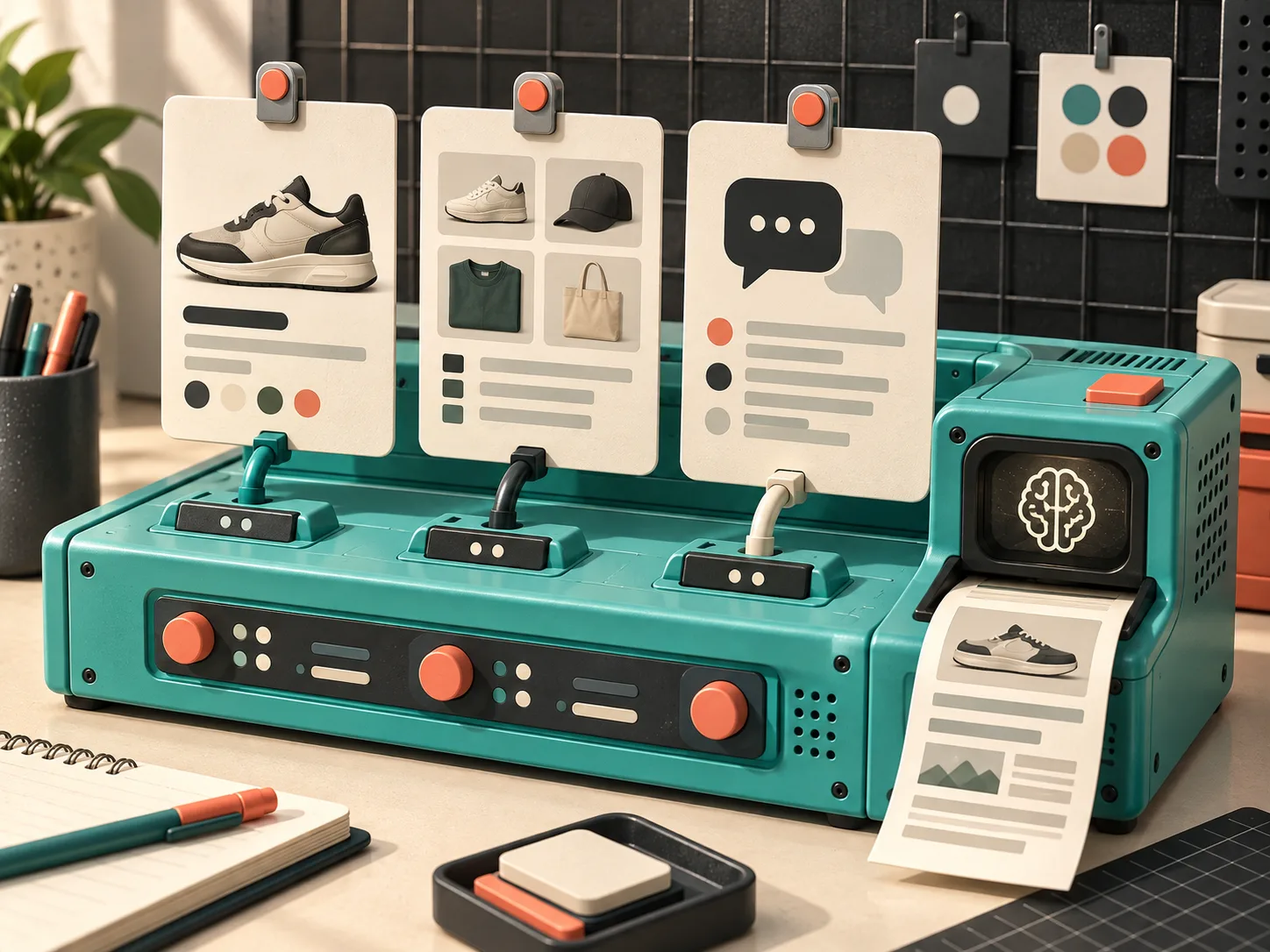 Product, collection, and customer-question cards connected to an ecommerce content console