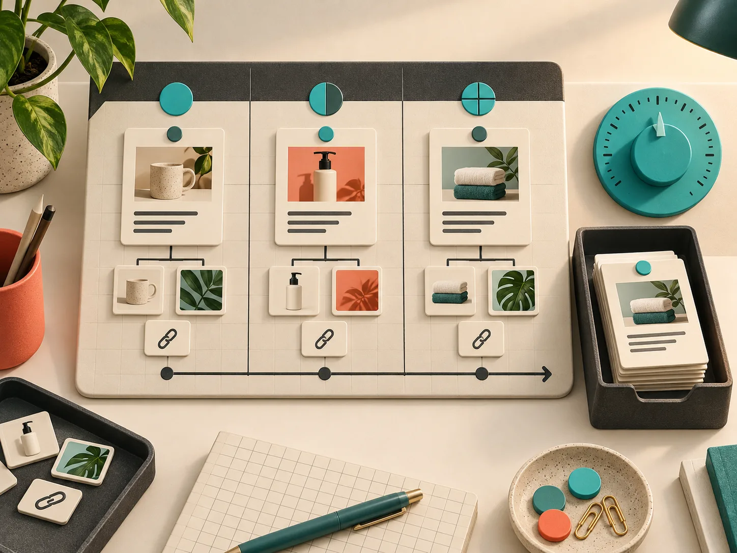 A retro editorial content calendar with product, image, and internal-link tokens
