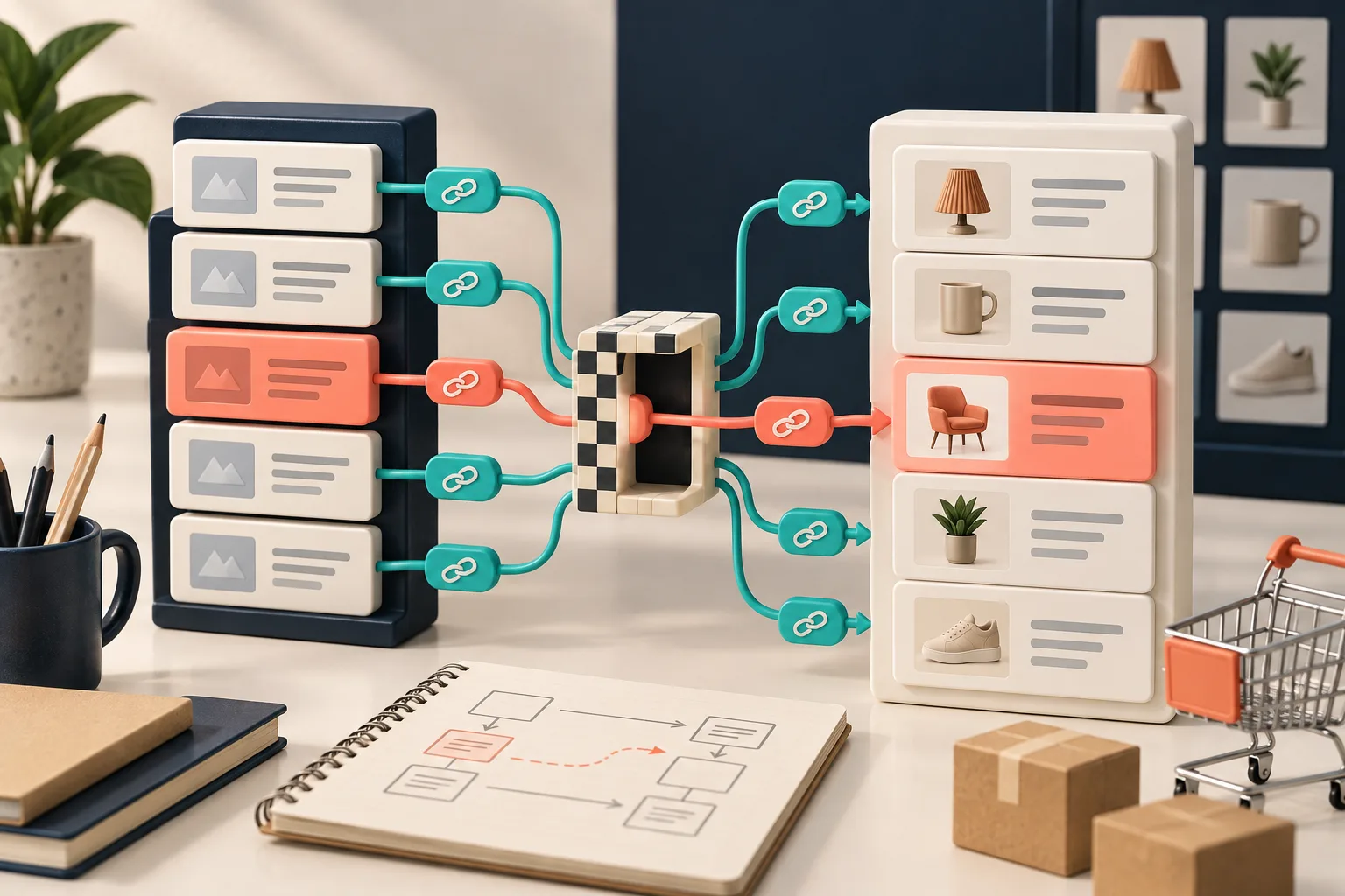 Content cards moving through a link migration test gate