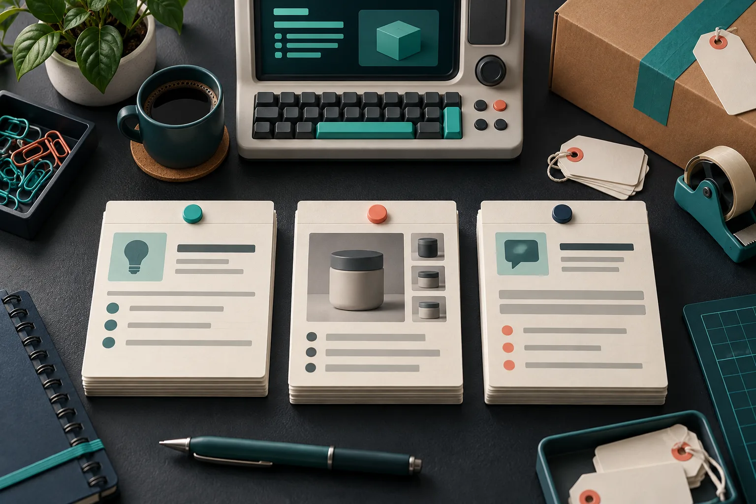 Content brief, product evidence, and review cards arranged on a desk
