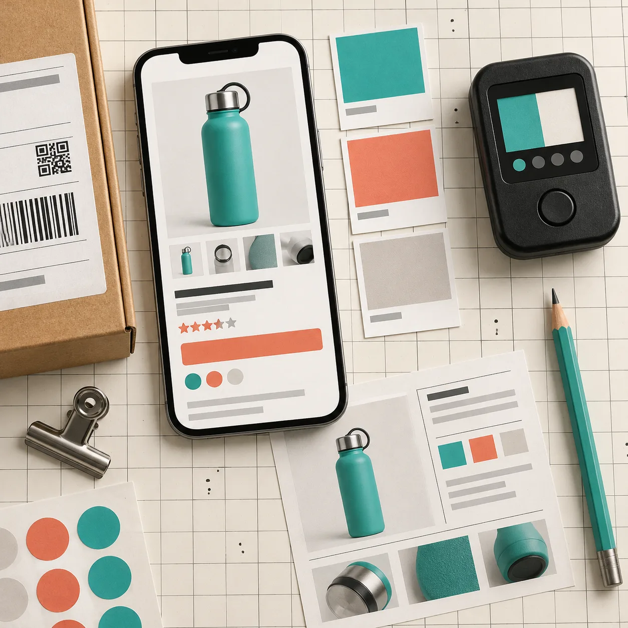 Product card color swatches and contrast review tools on a grid desk