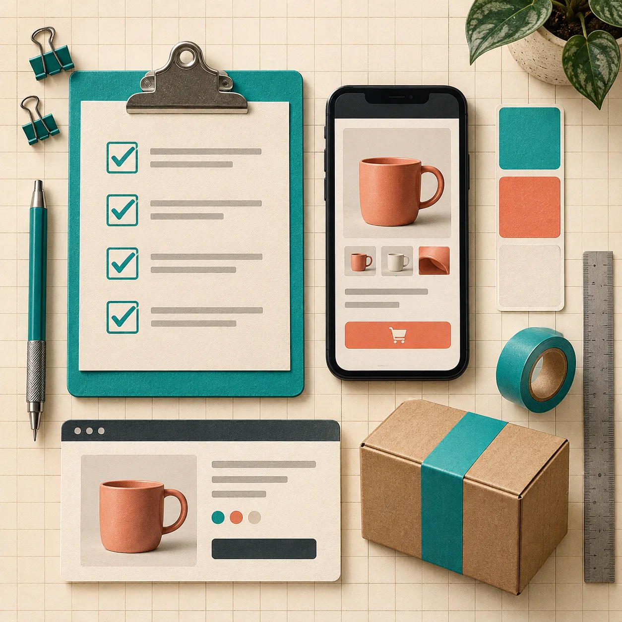 Pre-publish checklist with product card and color swatches