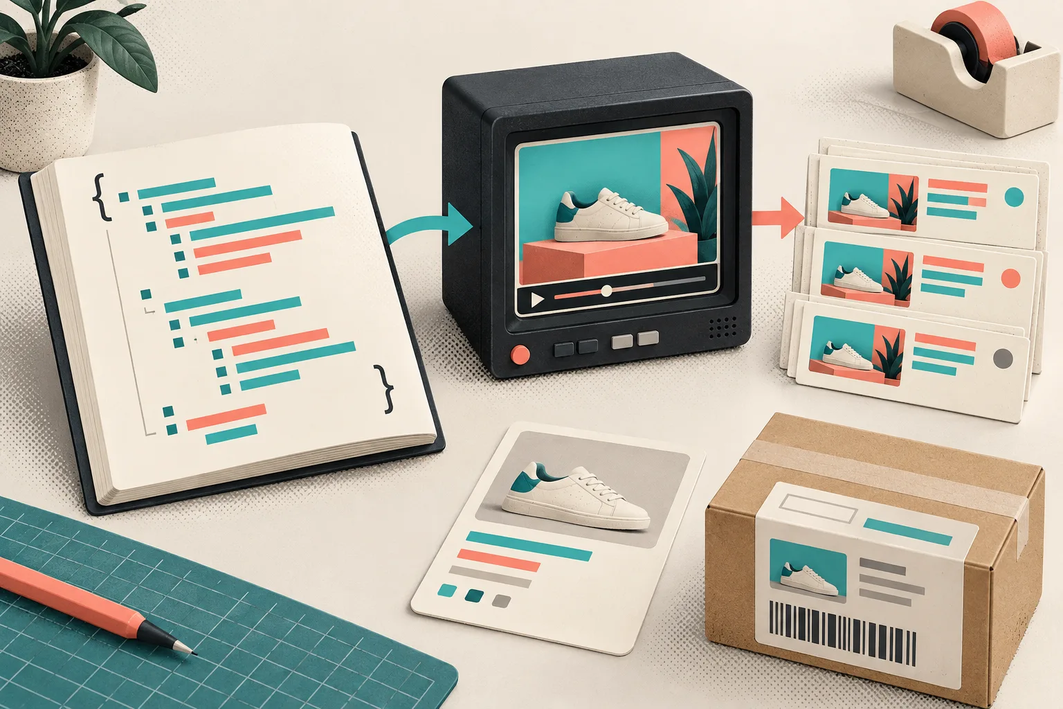 Structured video document feeding a preview and versioned product cards