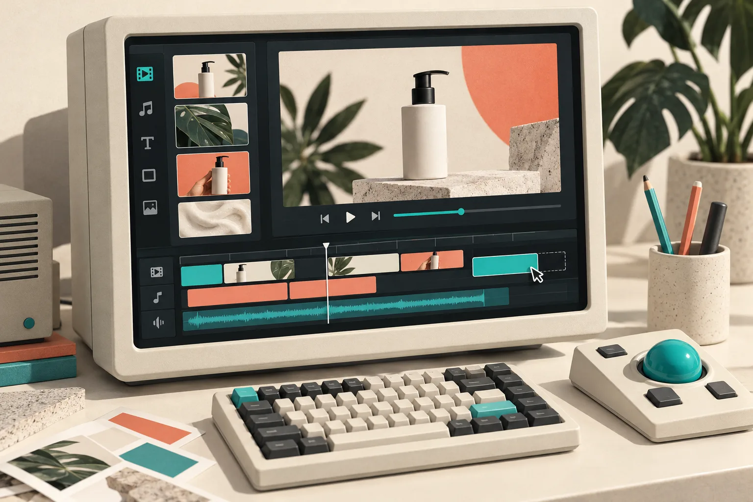 Retro desktop showing a customer-editable multi-track video timeline