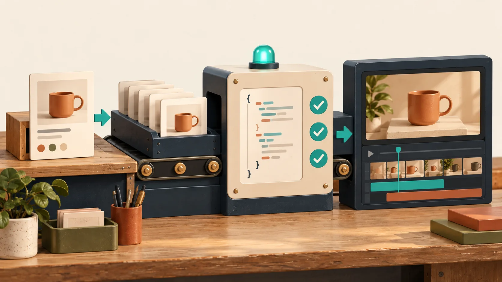 Product event cards moving through validation into a video timeline