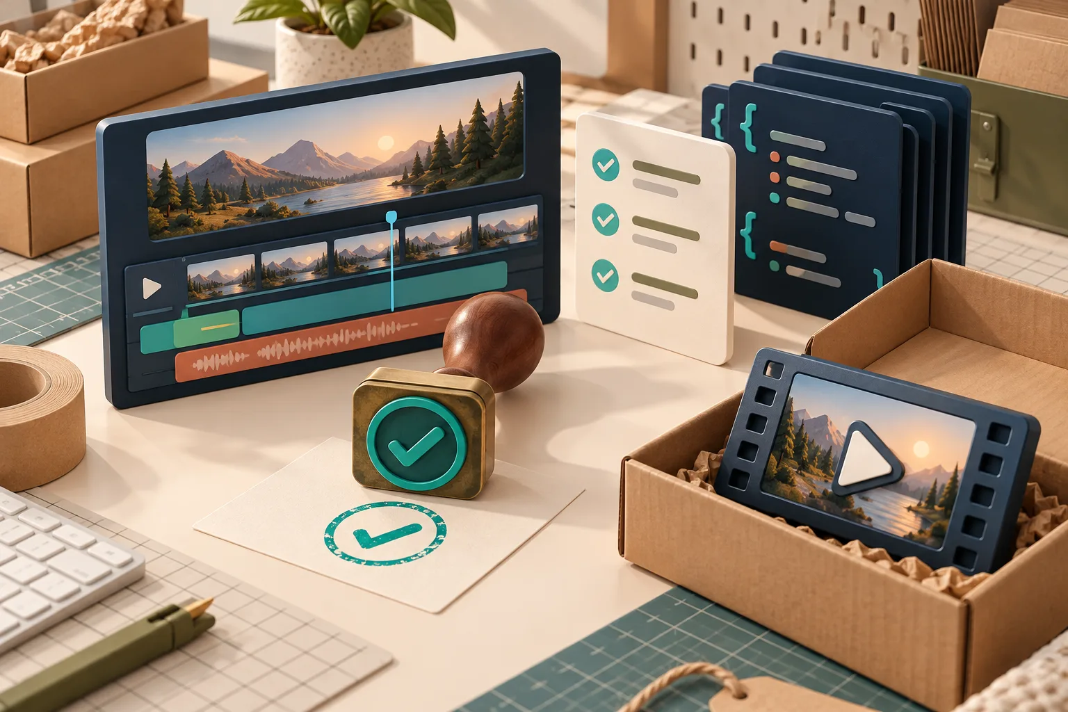 A video delivery review station with approval checklist and versioned source cards